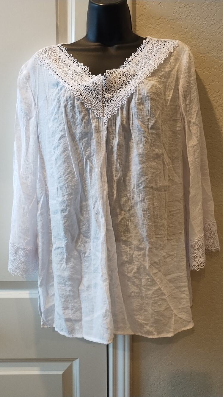COUNTERPARTS White Lace Boho Peasant 3/4 Sleeve  Blouse Tunic Shirt Sz XL